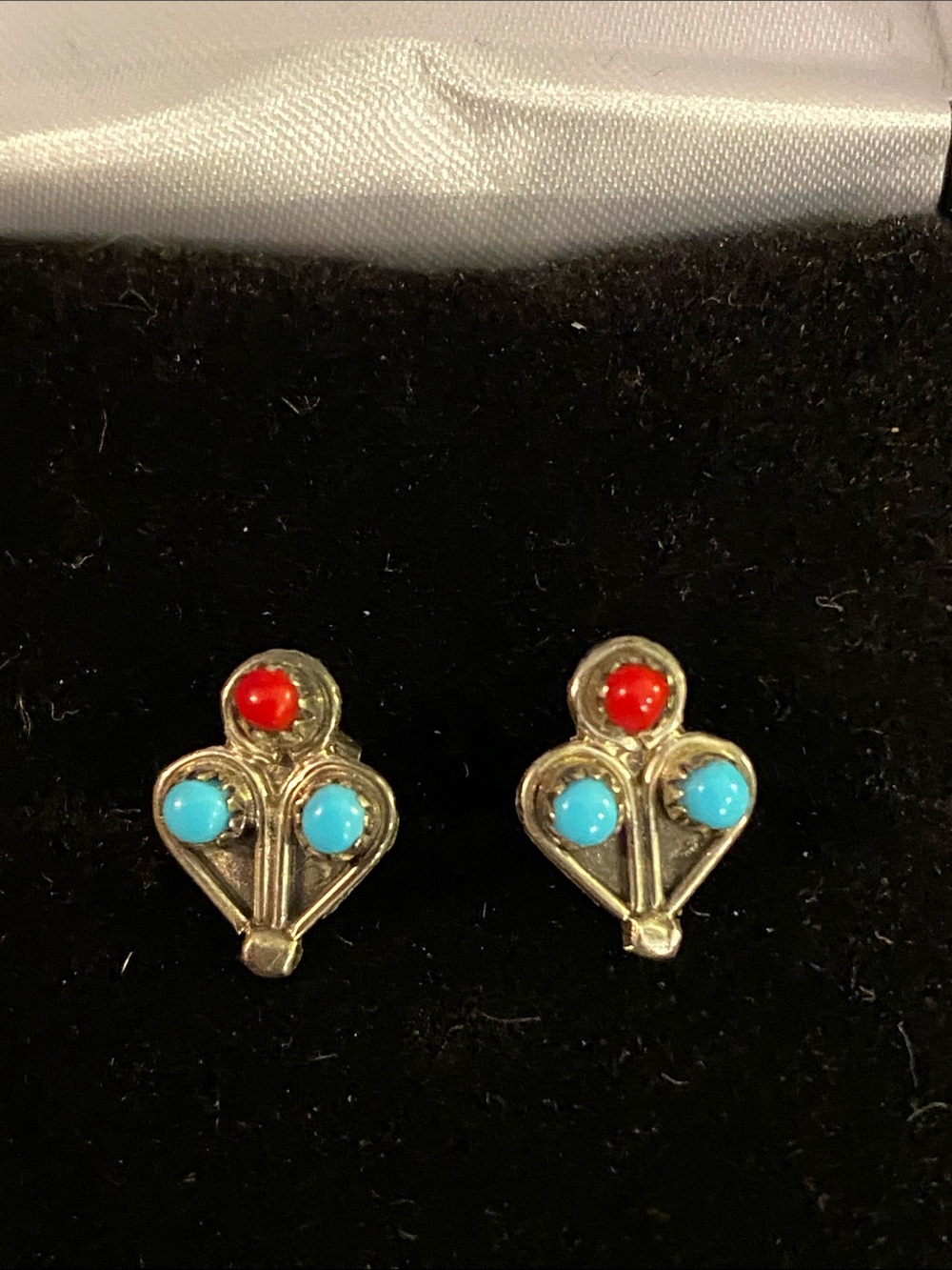 Authentic Zuni Snake Eye Turquoise Coral Sterling Silver Stud Earrings